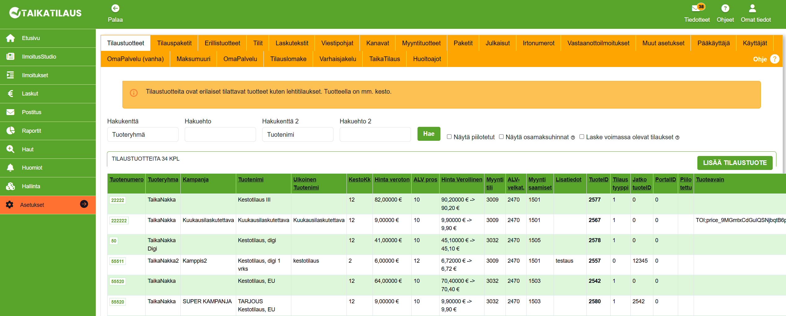 Asetukset - välilehti