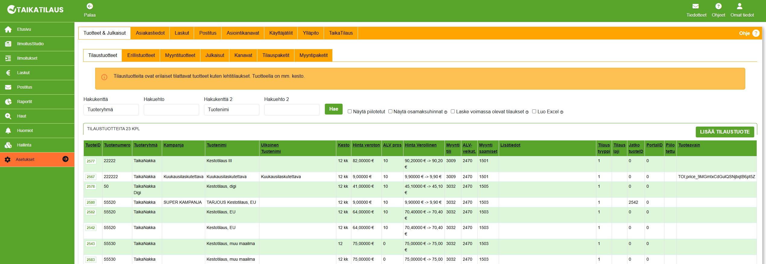 Asetukset - välilehti