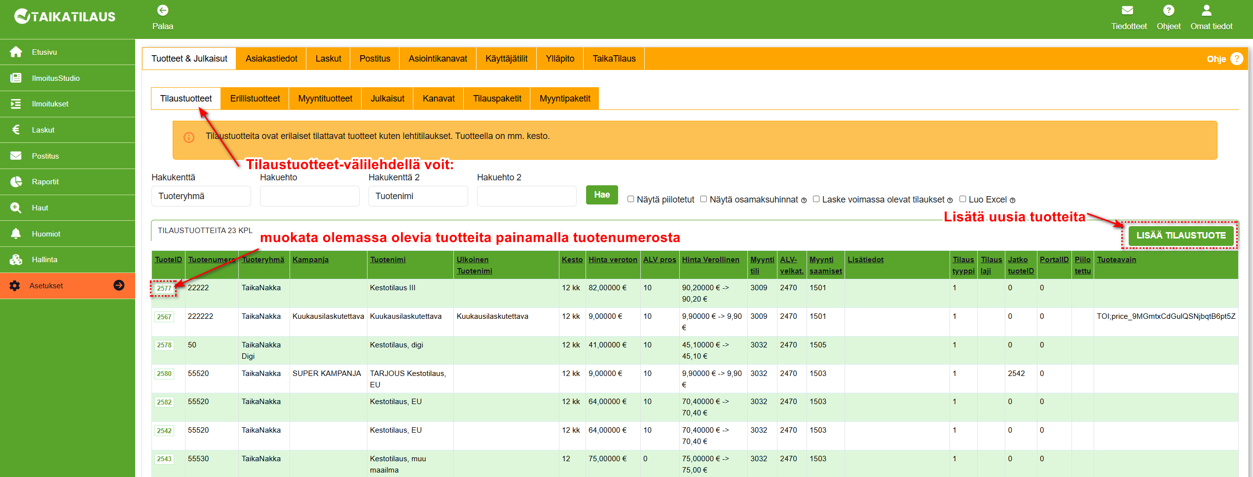 Tilaustuotteet-näkymä