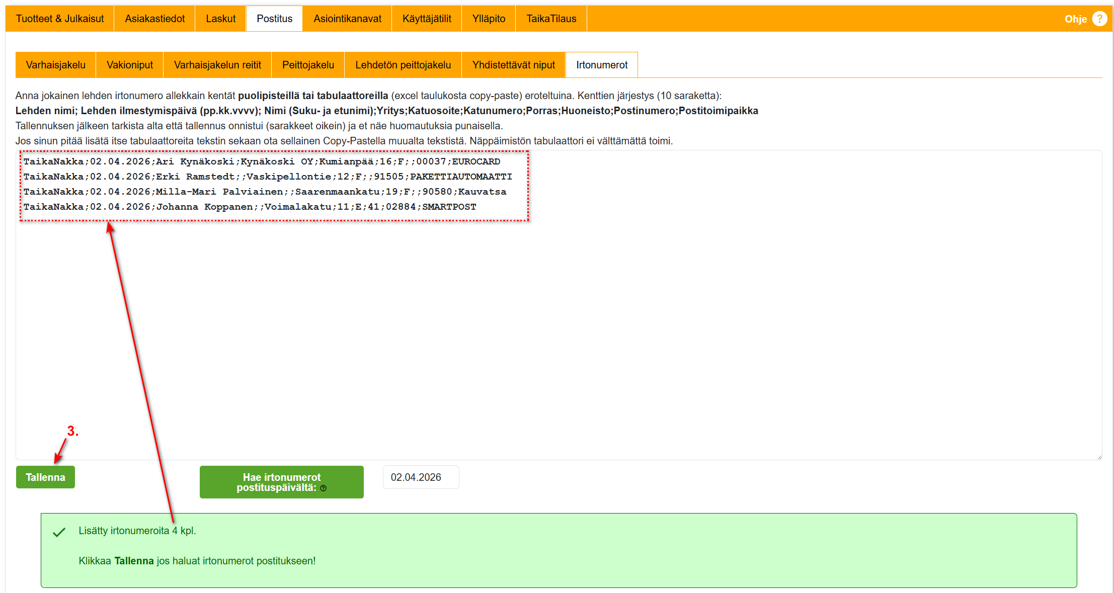 Asetukset-välilehti - Irtonumerot