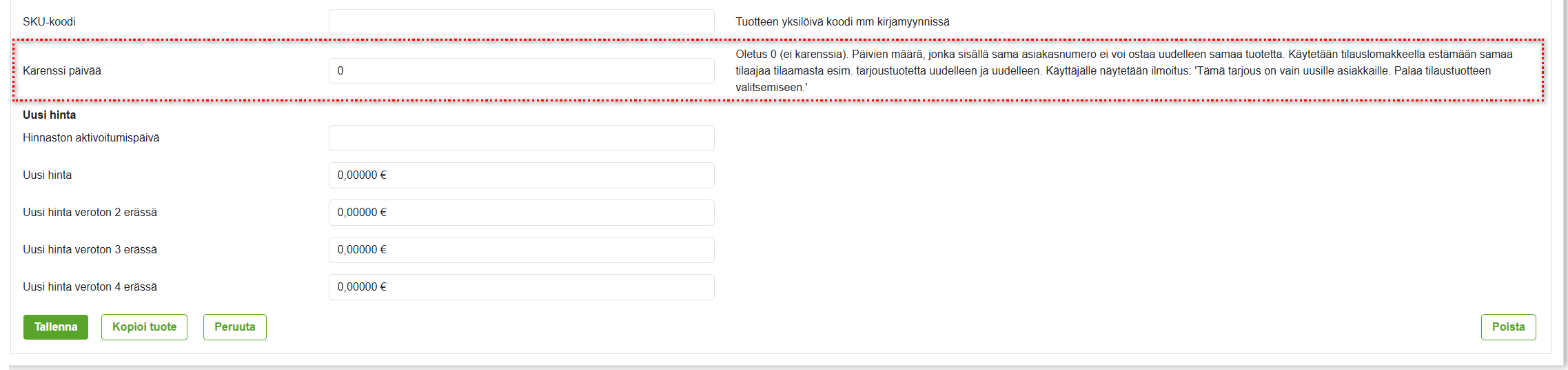 Tilaustuotteen asetukset