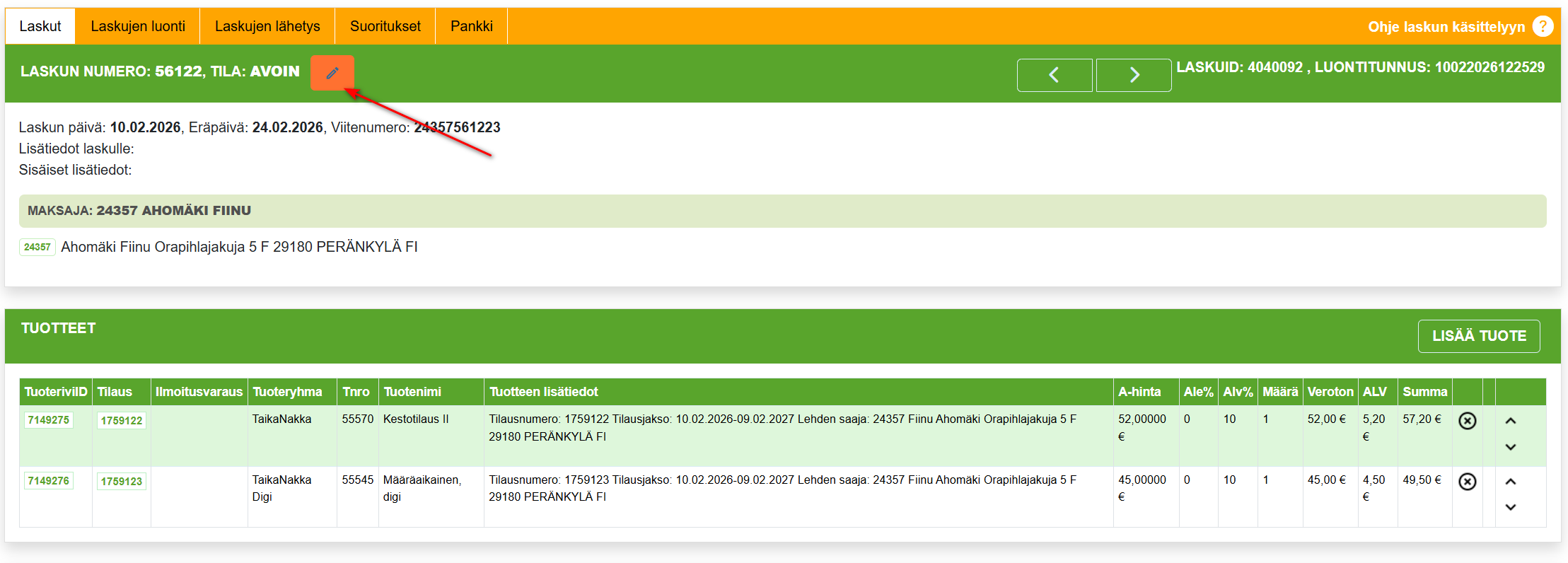 3. Laskujen uudelleenlähetys - Muuta laskujen tietoja