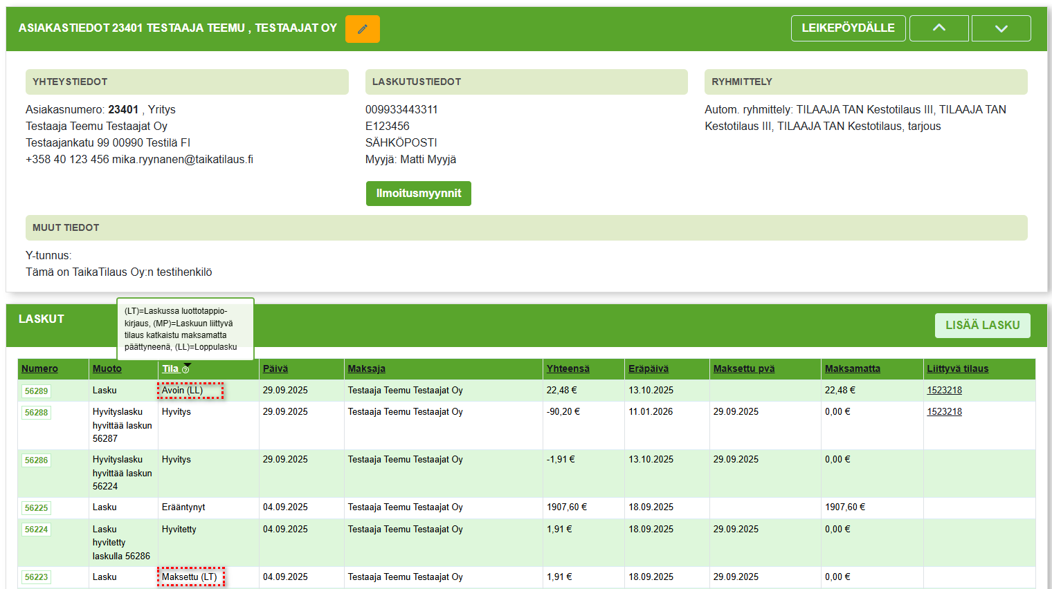 Asiakaskortilla olevat laskut