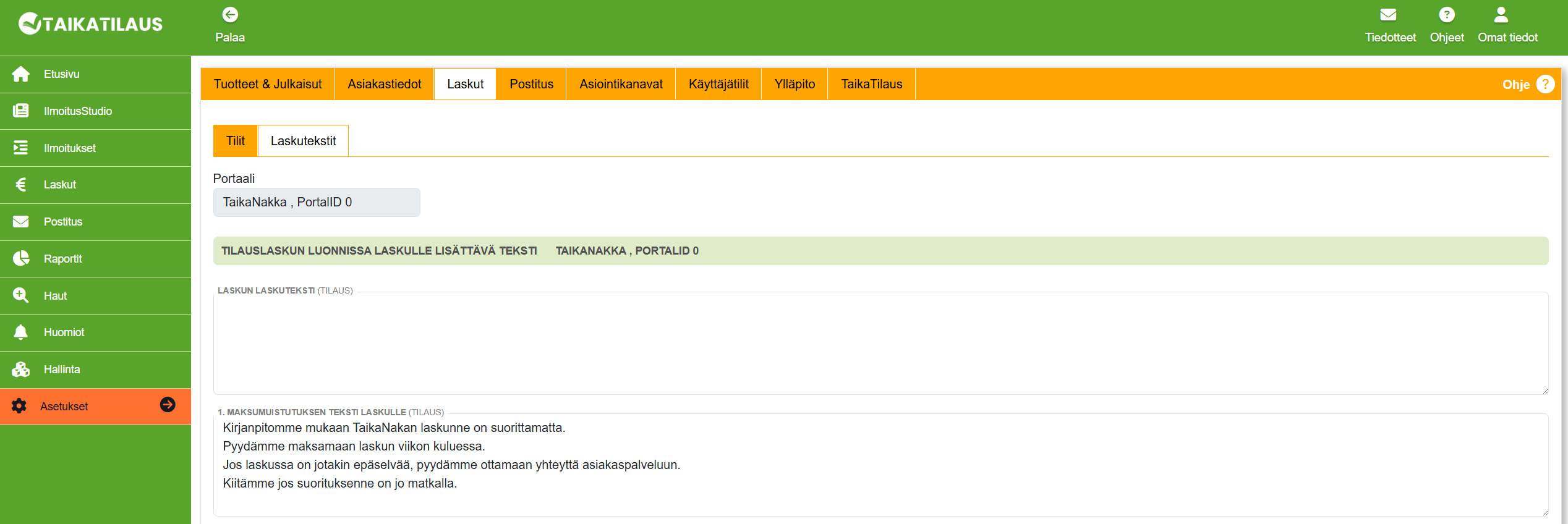 Laskutekstit-välilehti