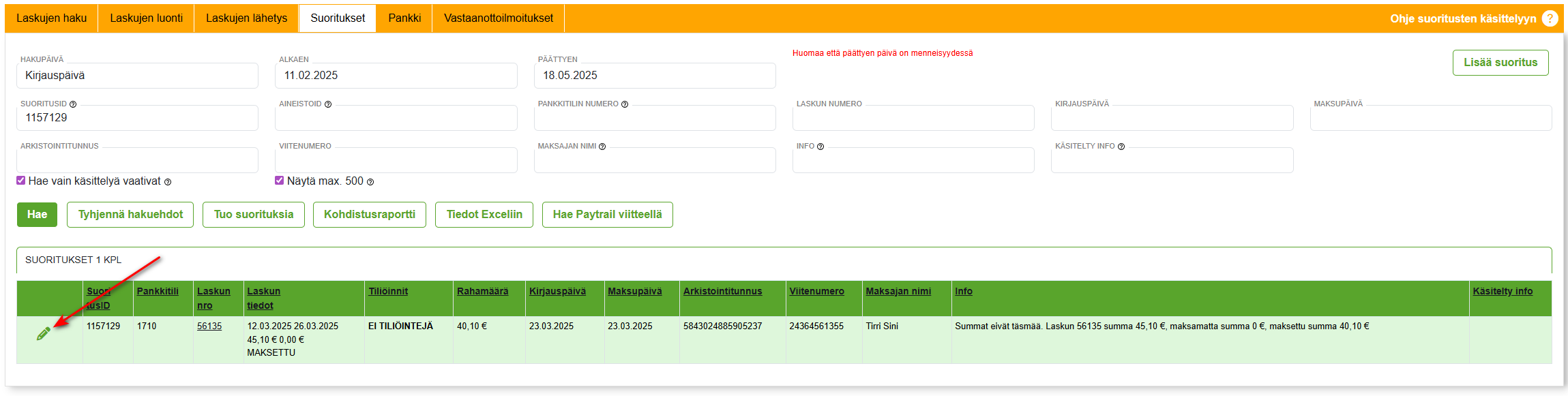 Suoritukset-välilehti