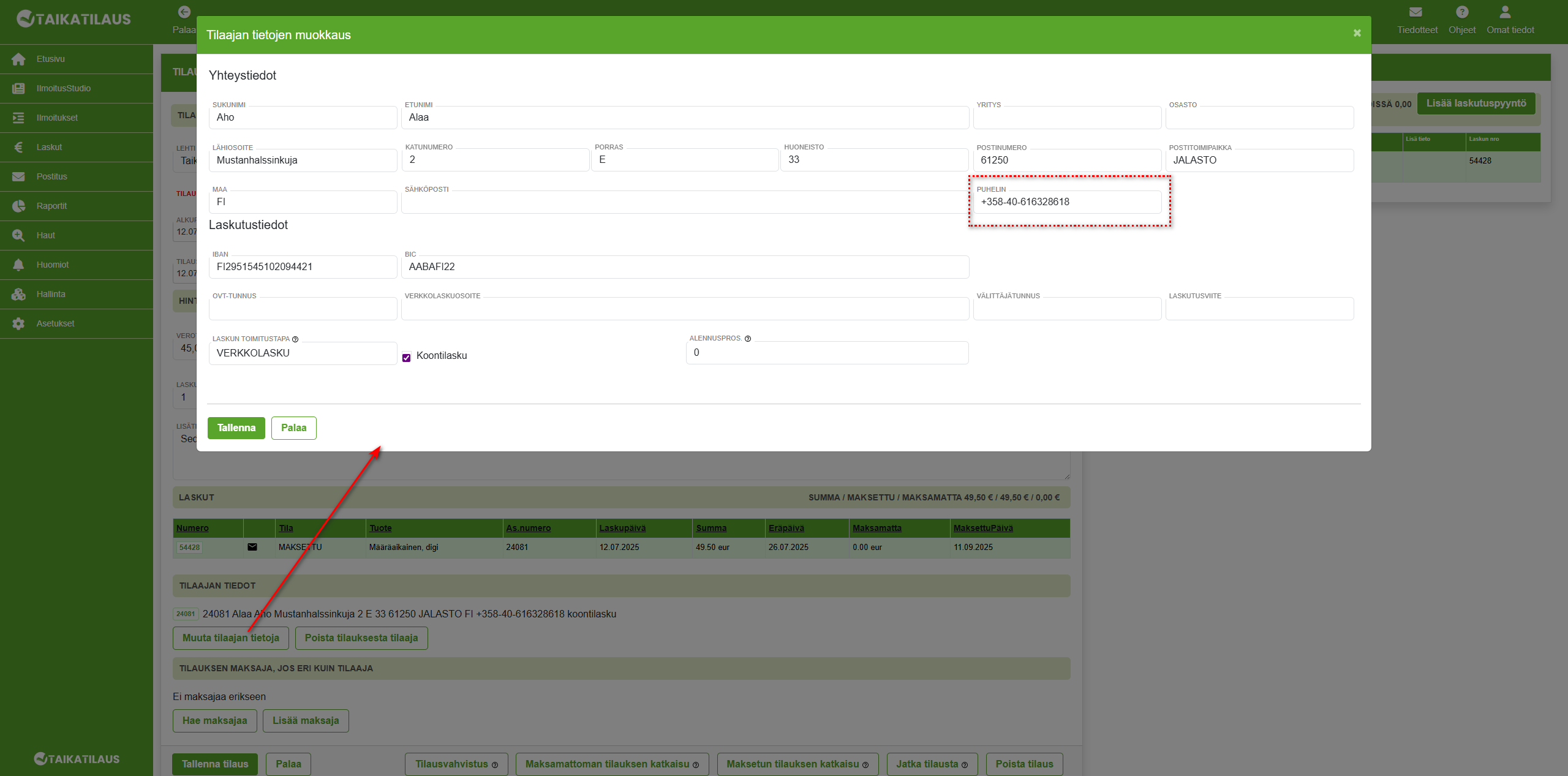 Muokkaa tilaajan tietoja
