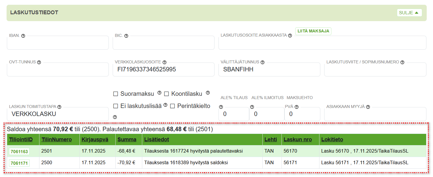 Asiakaskortti - Laskutiedot