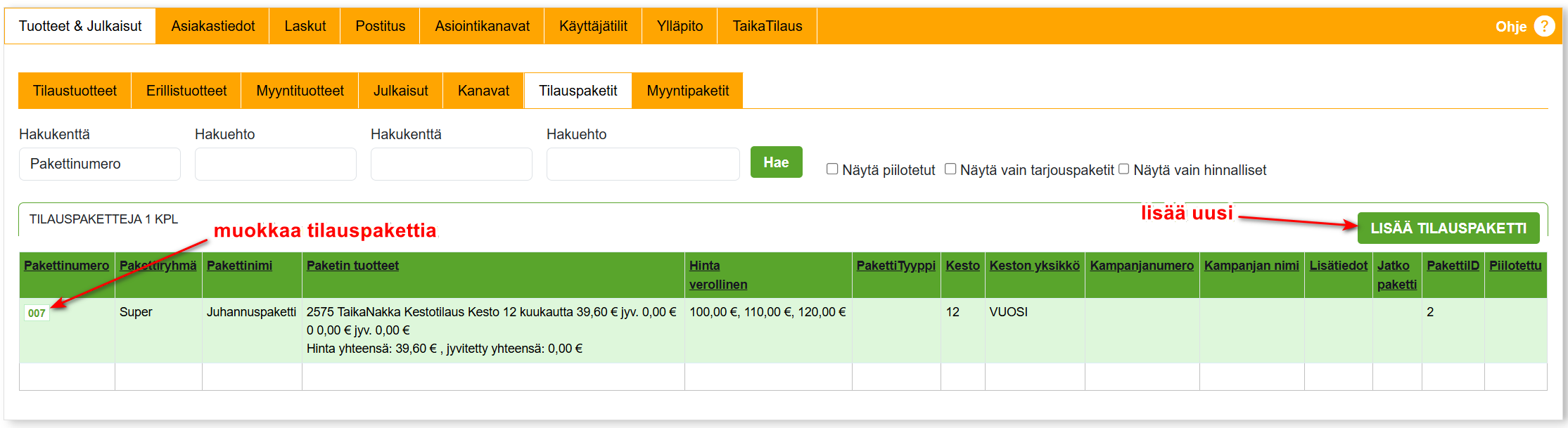 Tilaustuotteet - Tuotteen lisääminen
