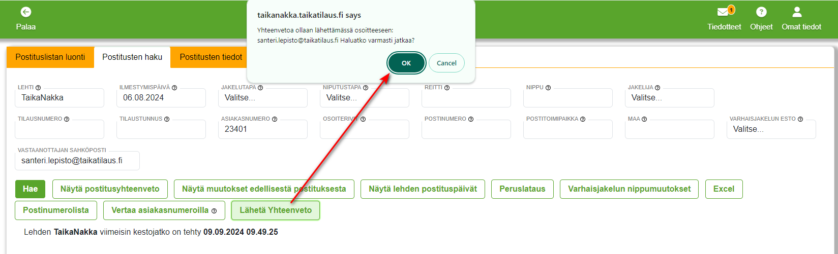 Postitusten haku - Lähetä yhteenveto